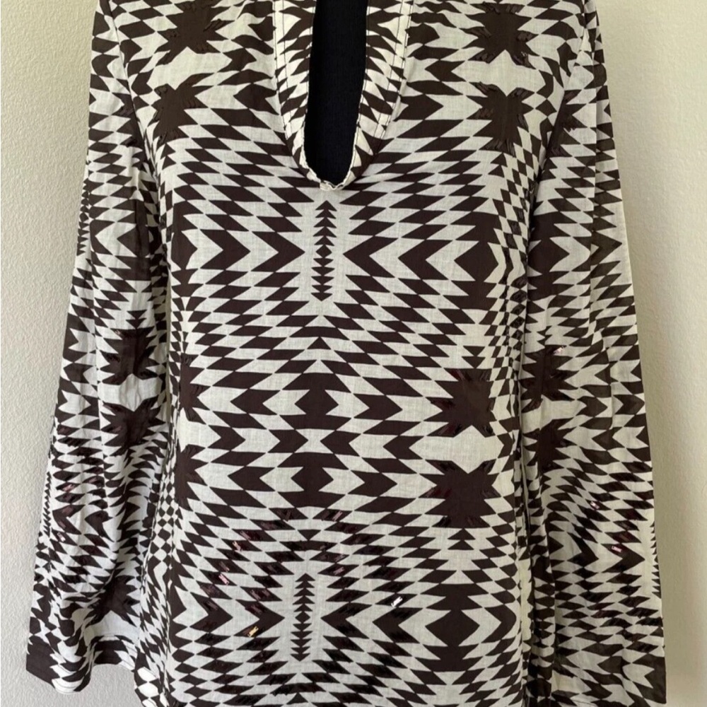 Tory Burch Geometric Patterned Brown and White Women's Tunic